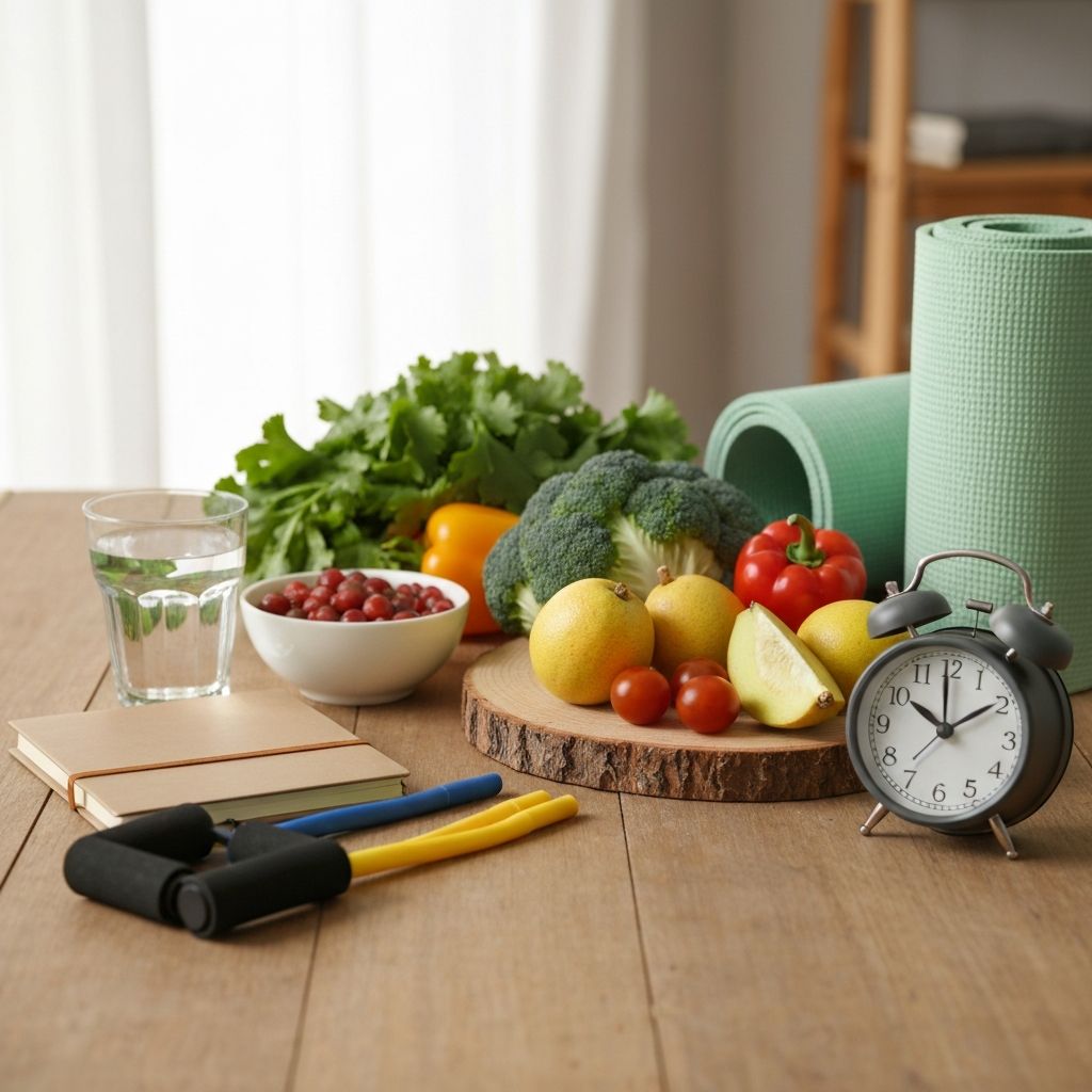 Balanced wellness arrangement showing healthy food, water bottle, exercise equipment, journal, and alarm clock on wooden surface